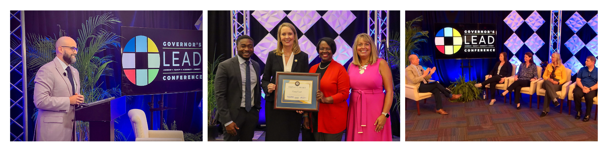 First image is speaker at a podium, 2nd is an award winner, 3rd is a panel discussion